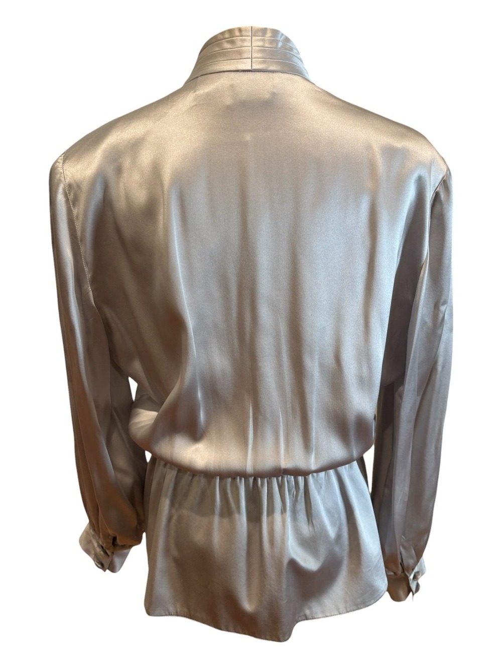 80s FRANCESCA DAMON SILK SATIN PALE GRAY DRAPED WRAP PEPLUM BLOUSE LUXURY SZ 10 - Picture 5 of 8